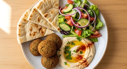 Healthy Falafel Plate with Pita Bread, Salad and Hummus, Flat Lay