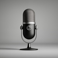 Professional microphone with mesh grille on stand against neutral background for podcast recording and audio content creation