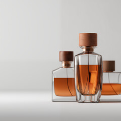 Luxury perfume bottles with amber liquid and wooden caps arranged on white surface for fragrance and cosmetics concept