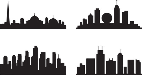 Naklejka premium City Skyline Silhouette Vector Set with Various Building Styles and Heights