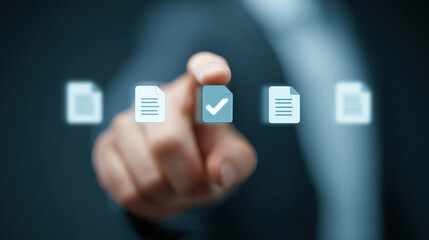 Document management concept with hand selecting digital file icon with checkmark, symbolizing approval and compliance in business processes