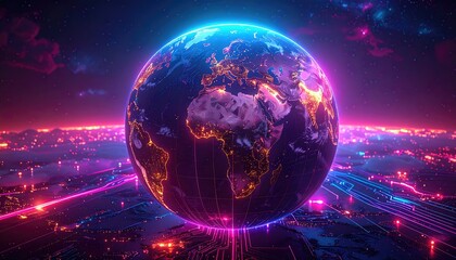A vibrant, digital representation of Earth, encompassed by glowing neon lines and city lights, showcasing a futuristic, interconnected world.