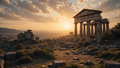 Fototapeta premium Roman temple ruins under golden sunset, HD realism