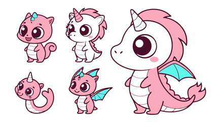 Cute Chibi Fantasy Animal Sticker Set – Baby Dragon, Tiny Unicorn, Kawaii Mermaid, Small Phoenix, Griffin, Pegasus, Fairy Cat, Cartoon Vector Icon Pack for Kids & Fantasy Fans