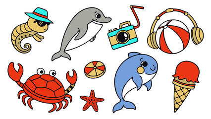 Sea Animals Sticker Icon Set – Cute Cartoon Dolphin with Surfboard, Turtle with Sunglasses, Fish with Hat, Whale with Lifebuoy, Octopus with Camera, Fun Summer Vector Pack