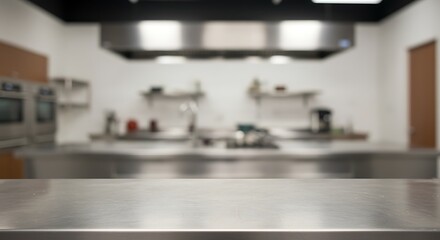 Professional commercial kitchen with stainless steel counters and equipment, ready for use for commercial usage and mockups