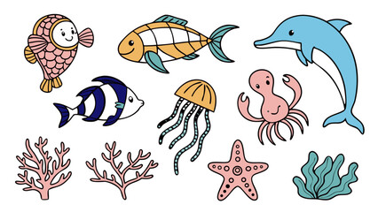 Tropical Sea Animals Vector Icon Set – Colorful Clownfish, Angelfish, Sea Turtle, Coral Reef, Starfish, Dolphin, Jellyfish, Octopus and Seahorse Stickers Pack