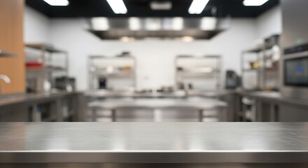 Blurred view of a professional stainless steel kitchen with cooking equipment and counters for commercial usage and mockups