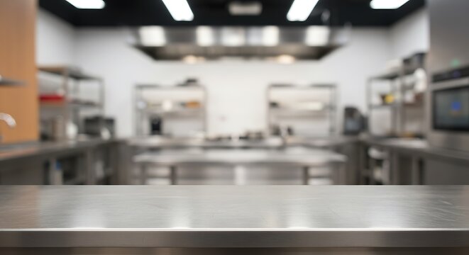 Blurred view of a professional stainless steel kitchen with cooking equipment and counters for commercial usage and mockups