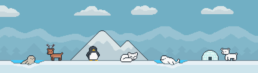 8-bit pixel art horizontal background with pixel arctic mountains and ice with arctic animals © Yejin Woo