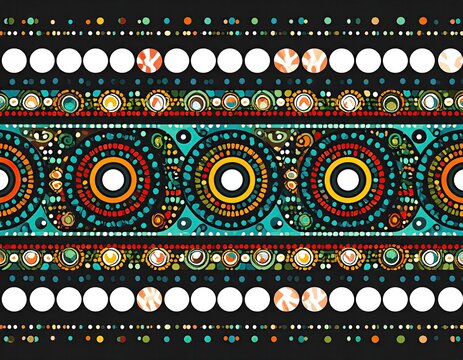 Vibrant Aboriginal Dot Art Pattern with Concentric Circles and Geometric Motifs.