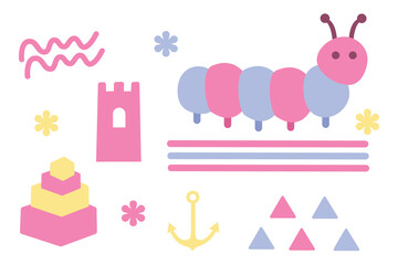 Set of abstract cute caterpillar and castle set. Suitable for clip art, stickers, flat design illustration, etc