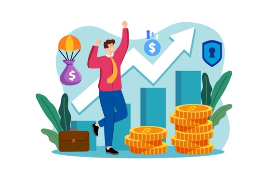 Successful Man Celebrating Financial Growth with Rising Bar Graph and Coins on Transparent Background