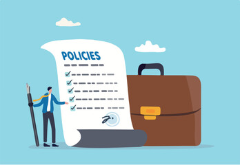 Company policies document, legal of term and services, agreement or process to follow, corporate rules or guidance concept, businessman holding pen with company policy document and business briefcase