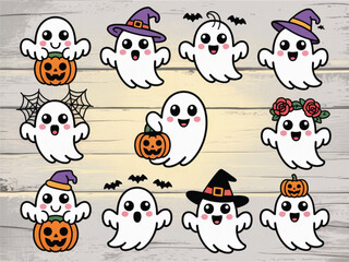 Ghostly Greetings: A delightful array of cartoon ghosts, playfully adorned with hats, pumpkin, and bats, conjuring the joyous spirit of Halloween.