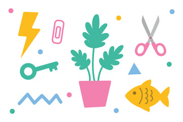 Set abstract doodle houseplant and any objects. Suitable for clip art, stickers, flat design illustration, etc