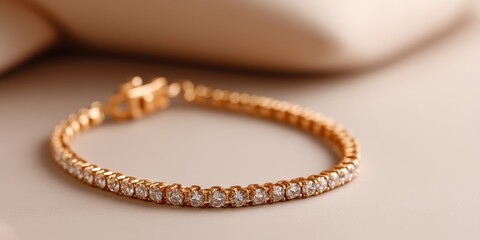 Fototapeta premium Jewellery Anklet Luxury concept. Elegant gold bracelet with sparkling diamonds on a soft background.
