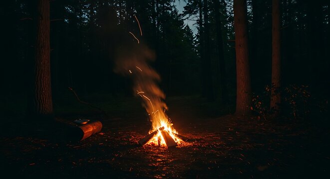 Campfire burning brightly in a dark forest at dusk with tall trees and flames