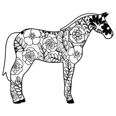 Obraz premium Black silhouette of a horse filled with floral patterns on white background flowers plants
