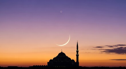 Mosque Silhouette with Crescent Moon Against Colorful Twilight Sky