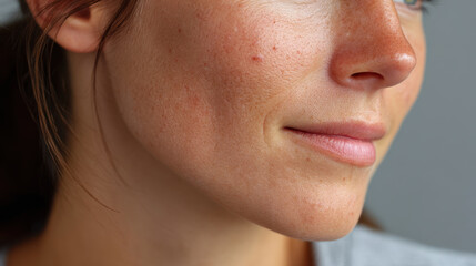 Obraz premium Close up of young woman lower face showing natural skin texture with freckles and slight smile, highlighting healthy complexion and subtle beauty in soft lighting