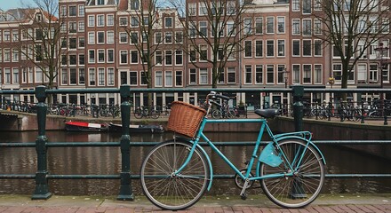 Fototapeta premium Bicycle parked on a bridge with historic buildings in the background