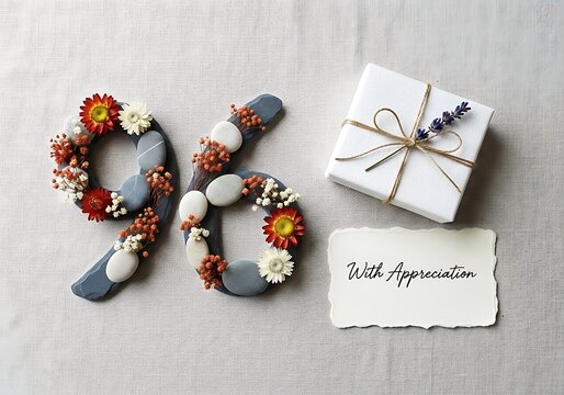 Elegant 96th birthday or appreciation concept with "96" crafted from natural pebbles and dried flowers, alongside a white gift box and "With Appreciation" card.