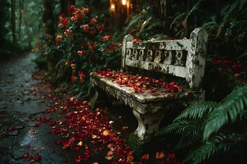 White stone bench covered in red rose petals image