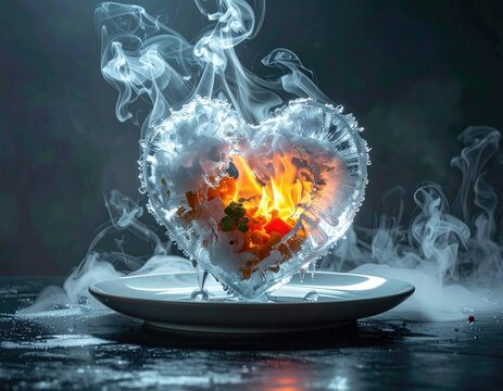 Heart of Ice Burning with Fire and Smoke Dramatic Contrast.