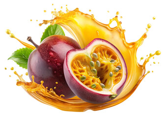 A splash of Passion fruit juice in motion, vibrant isolated on white background