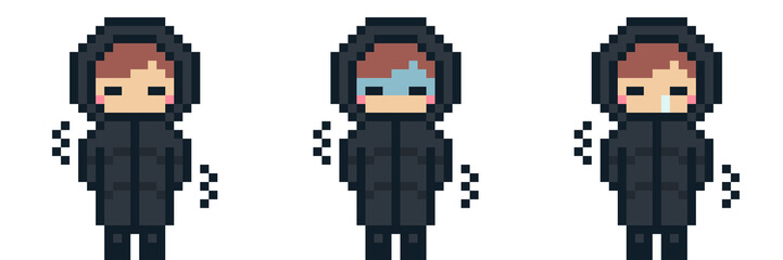 8-bit pixel art man in a black long padded coat tremble