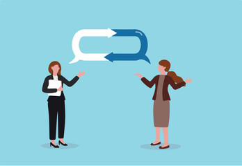 Listen to team feedback to improve work quality, communication skill or client relationship, ask and answer question for idea development concept, cheerful businesswomen share feedback for improvement