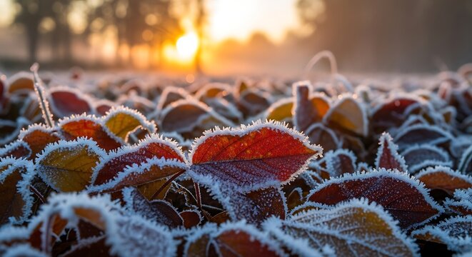 Frosty autumn leaves sunrise