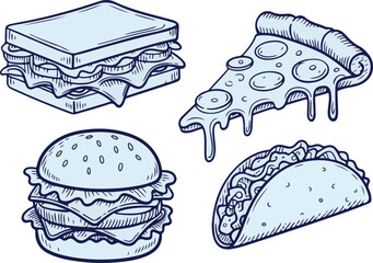 Delicious Food Collection Sandwich, Pizza Slice, Burger, and Taco Line Art Illustration on Transparent Backdrop