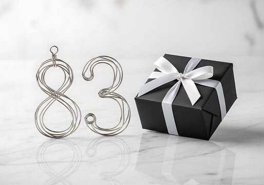 Elegant Silver Number 83 and Wrapped Gift Box on White Marble for a Birthday