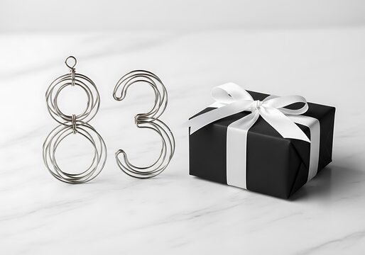 Stylish Silver Number 83 and Black Gift Box with White Ribbon on Elegant Marble Surface