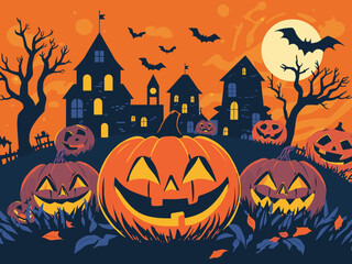 Happy Halloween Vector Illustration – Spooky Graveyard Scene with Pumpkins