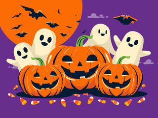 Happy Halloween Vector Illustration – Spooky Graveyard Scene with Pumpkins