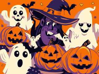 Happy Halloween Vector Illustration – Spooky Graveyard Scene with Pumpkins