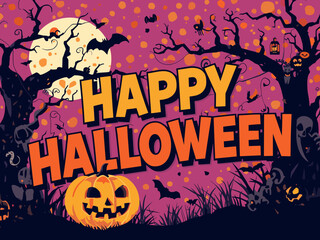 Happy Halloween Vector Illustration – Spooky Graveyard Scene with Pumpkins