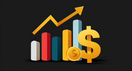 Financial growth chart with colorful bar graph and golden dollar sign symbolizing increasing profit and economic success in business and investment strategy