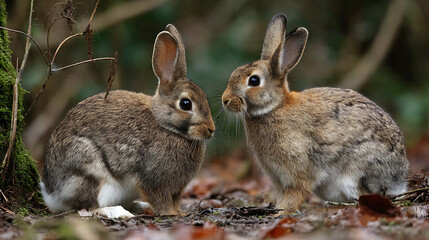 Fototapeta premium Two rabbits interacting with each other in a woodland setting (1)