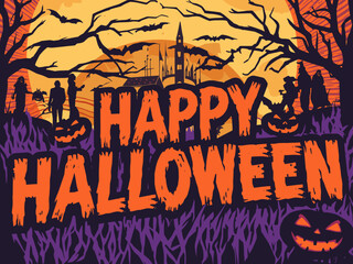 Happy Halloween Vector Illustration – Spooky Graveyard Scene with Pumpkins