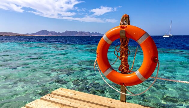 Tranquil ocean scene with a life preserver on a wooden dock