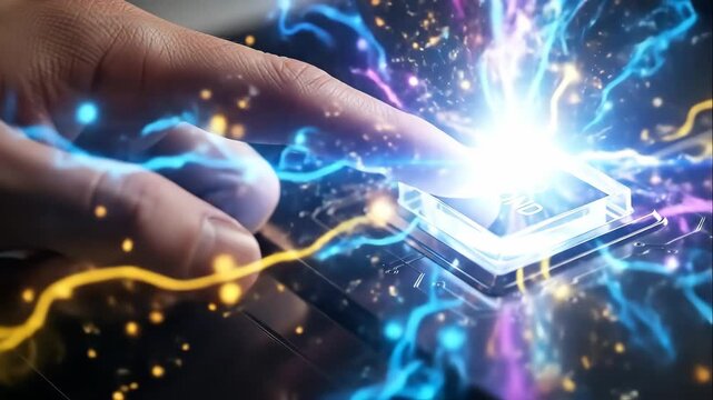 Futuristic Button Activation - A hand presses a glowing "Go Beyond" button, triggering a burst of vibrant energy. This video symbolizes innovation, technological advancement, and pushing boundaries.