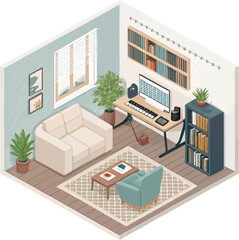 Modern home office interior with computer desk, bookshelves, and cozy seating