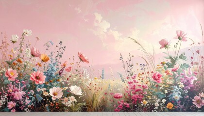 Enchanting Meadow with Delicate Wildflowers and a Tiny Bird.