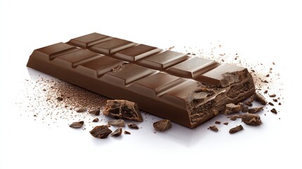A partially broken dark chocolate bar rests on a white background, surrounded by cocoa powder and broken pieces.  The bar shows a glossy, rich brown surface and a cleanly snapped edge