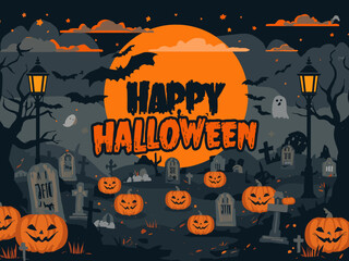Fototapeta premium Happy Halloween Vector Illustration – Spooky Graveyard Scene with Pumpkins