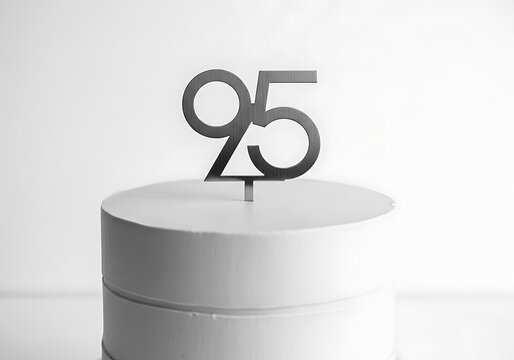 Modern White Birthday Cake with Black Geometric 95 Number Topper